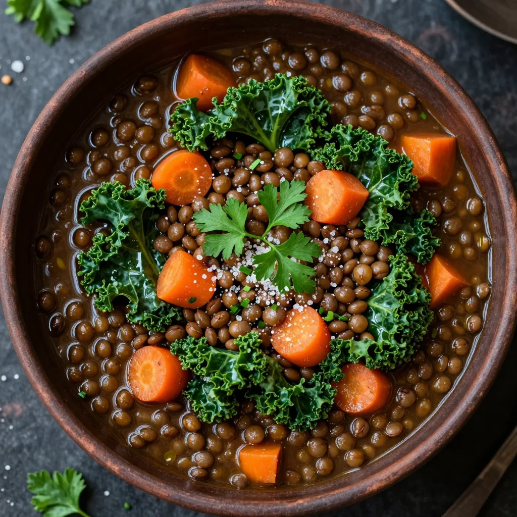 batch cook garlic and herb lentil stew with carrots and kale