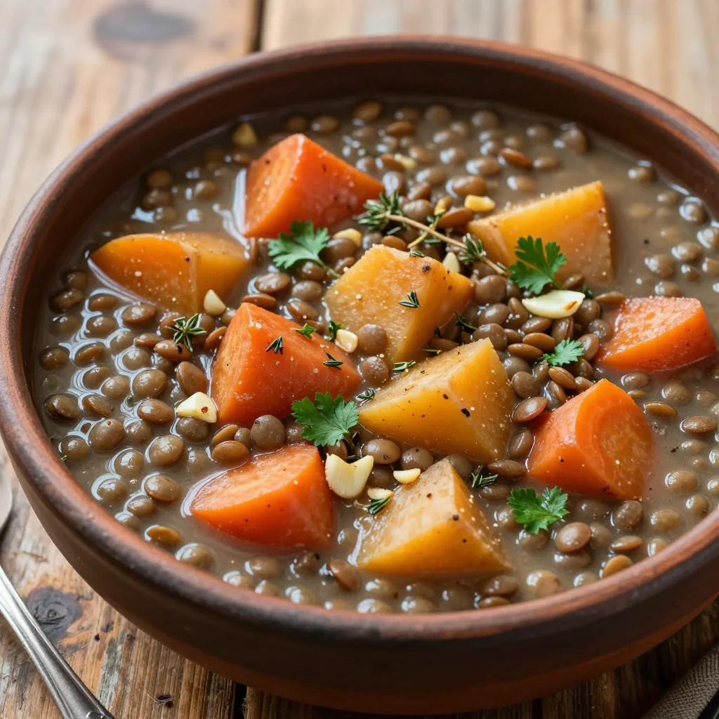 batch cook high protein lentil and root vegetable stew with garlic