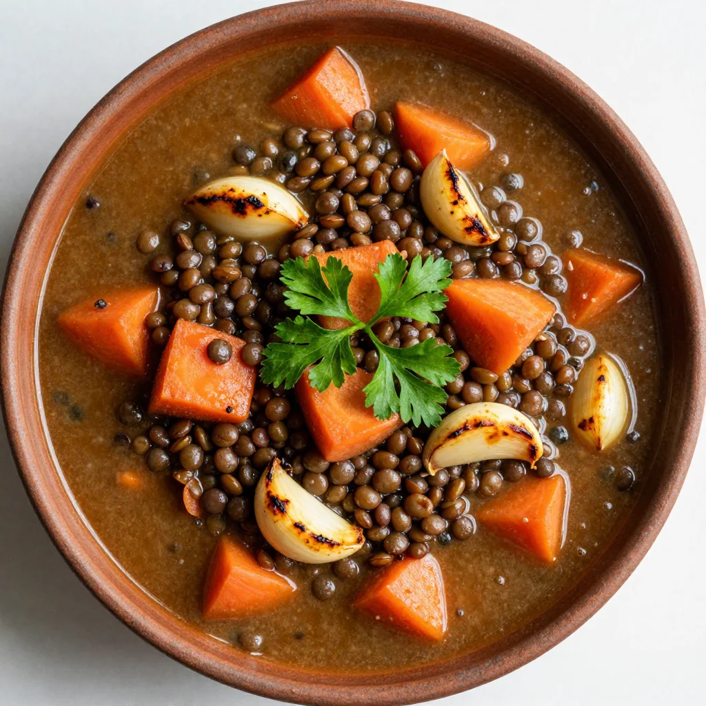 batch cook high protein lentil and root vegetable stew with garlic
