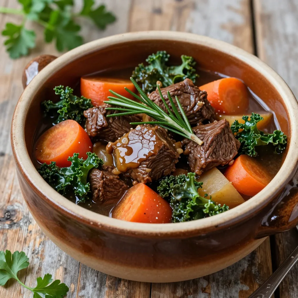 batch cooked beef stew with winter vegetables and fresh rosemary