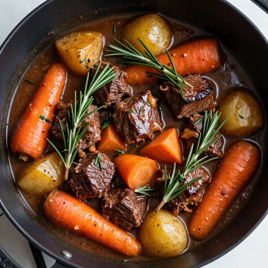 batch cooked beef stew with winter vegetables and fresh rosemary