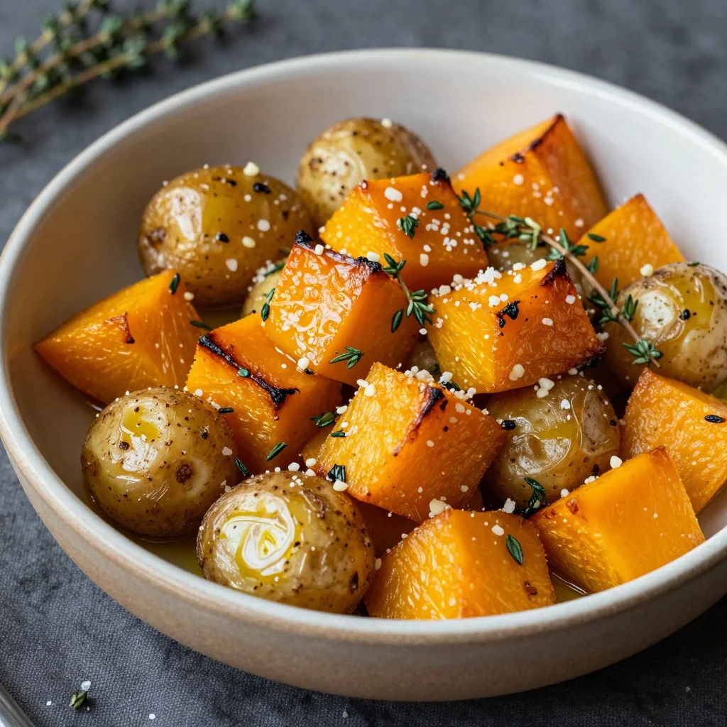 batch cooked garlic roasted winter squash and potatoes for meal prep