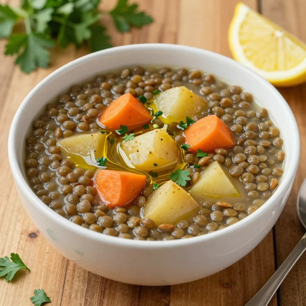 batch cooked lentil soup with root vegetables and fresh garlic