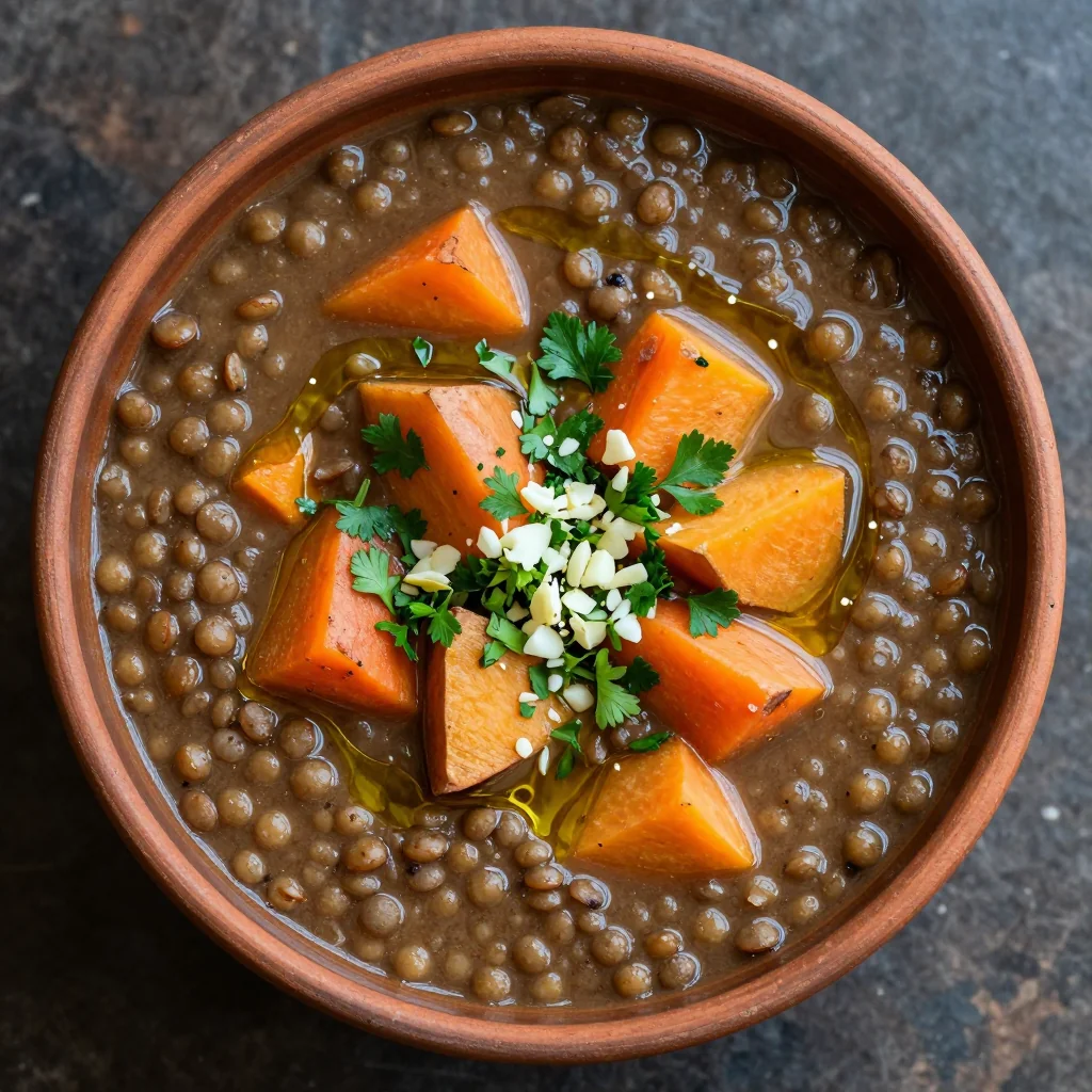 batch cooked lentil soup with root vegetables and fresh garlic