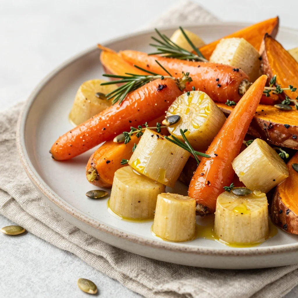 batch cooked roasted root vegetable medley for easy family suppers