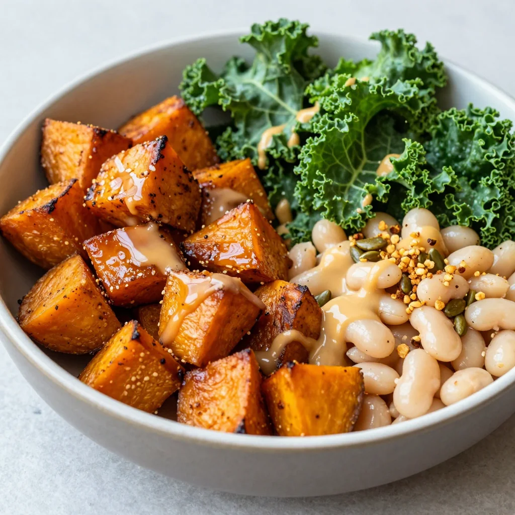 batch cooked roasted sweet potato and kale salad for busy families