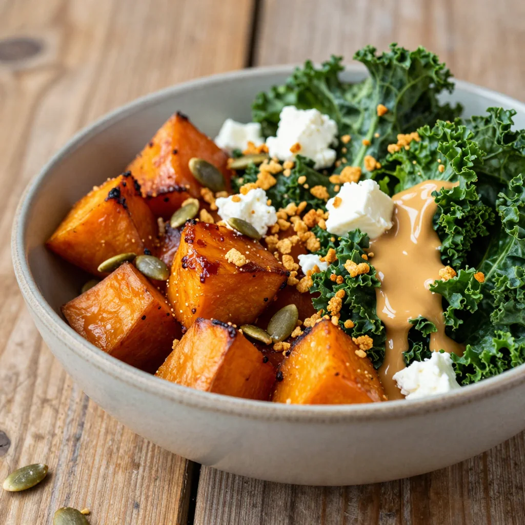 batch cooked roasted sweet potato and kale salad for busy families