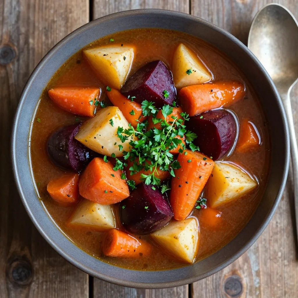 batch cooked root vegetable stews with fresh herbs for january