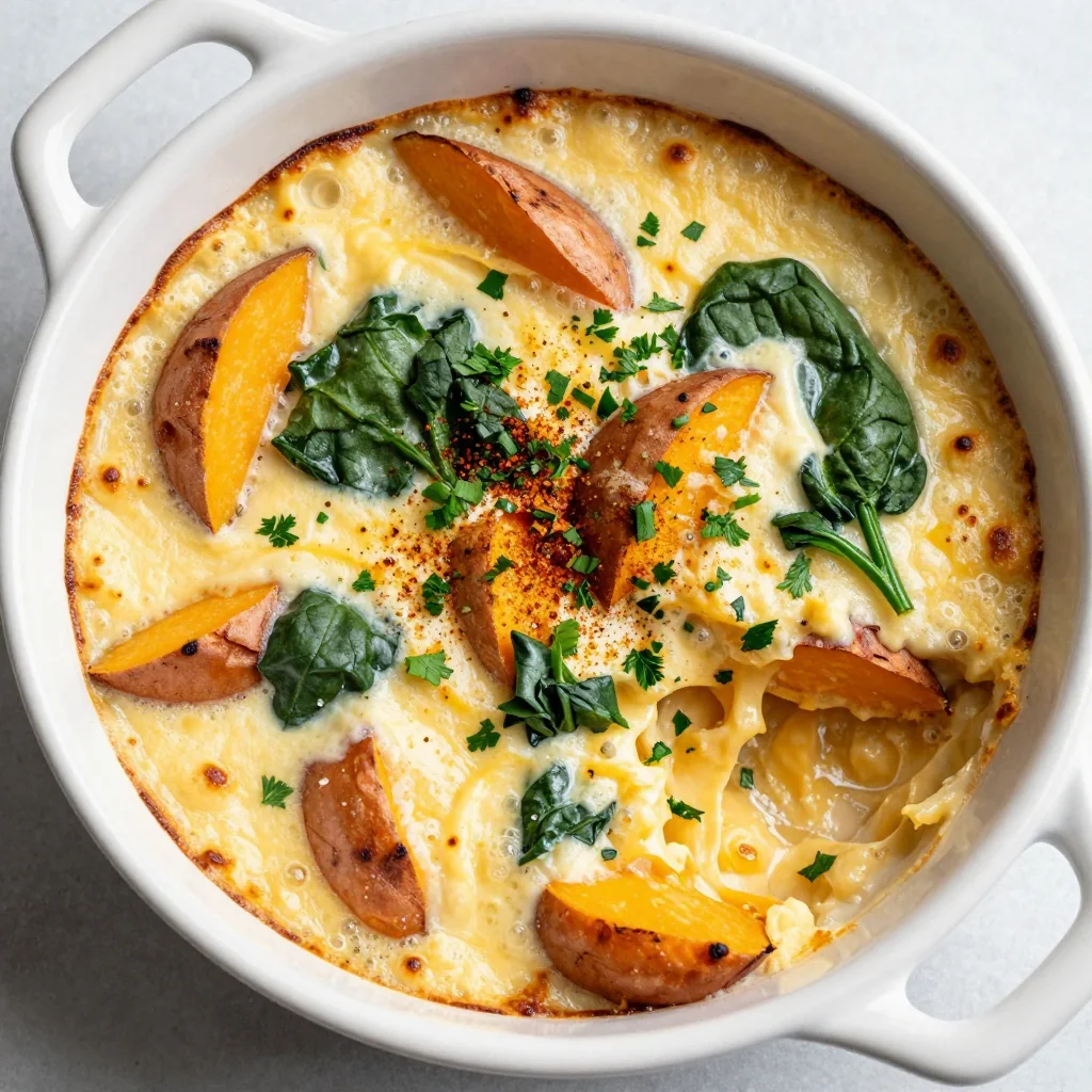 batch cooked sweet potato and spinach casserole for weeknight dinners