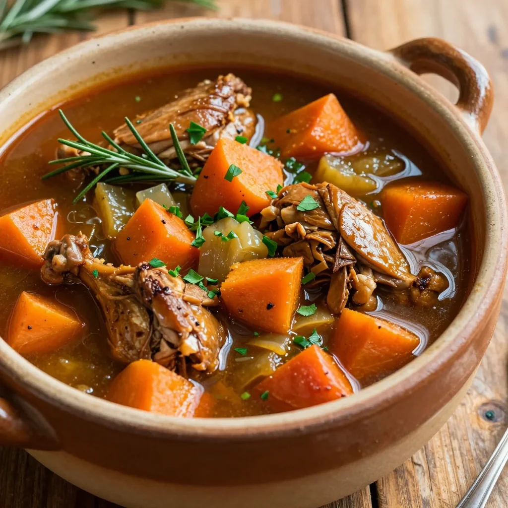 batch cooked turkey stew with sweet potato and fresh rosemary
