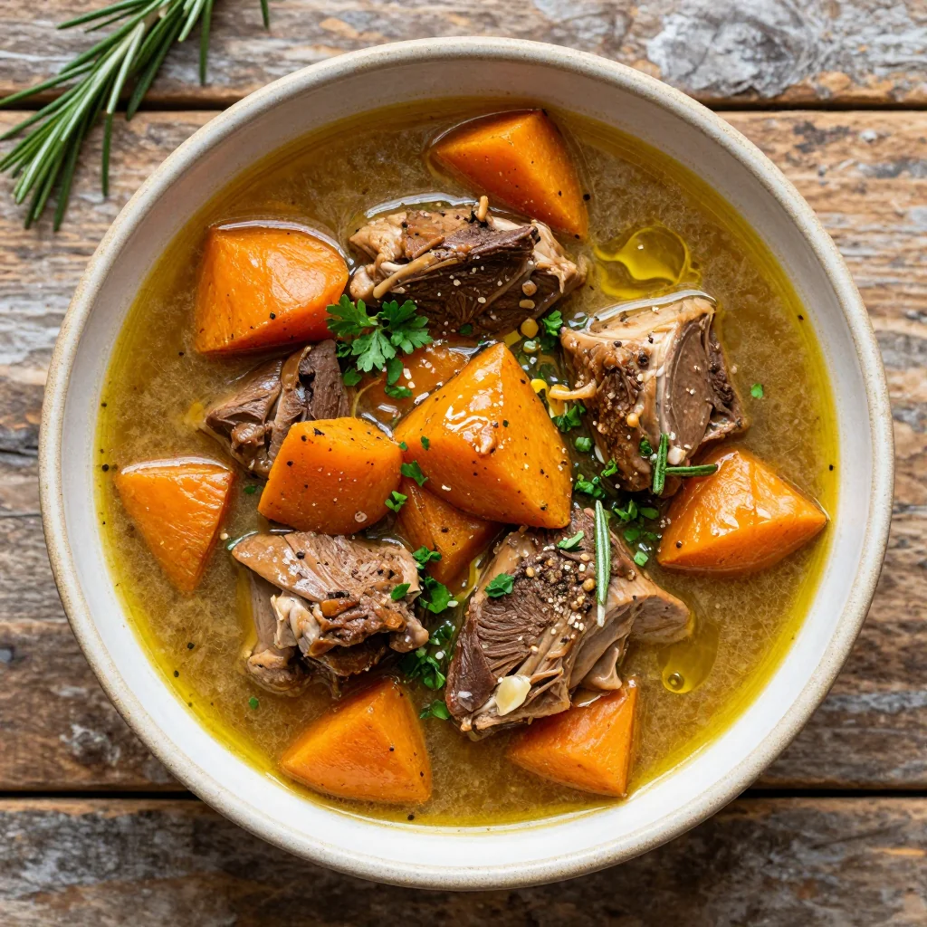 batch cooked turkey stew with sweet potato and fresh rosemary