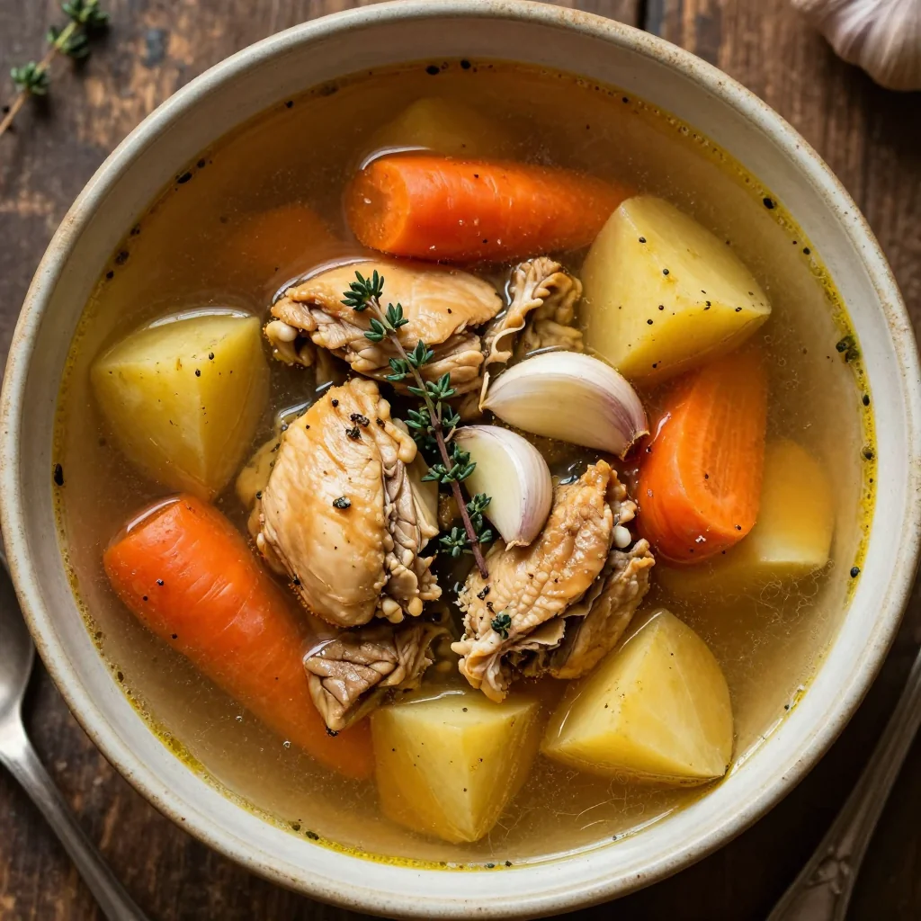 batch cooking chicken and root vegetable soup with garlic for busy weeks