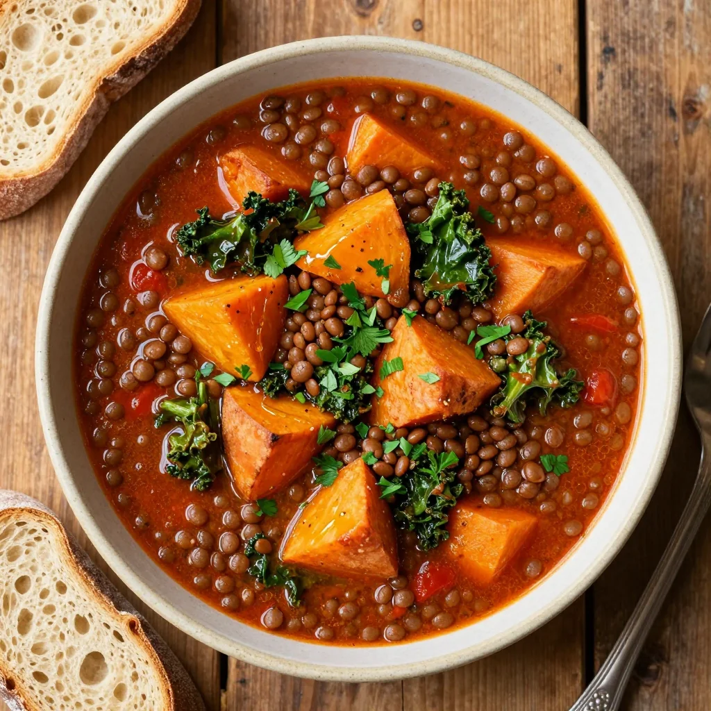 batch cooking friendly lentil and winter vegetable stew for families