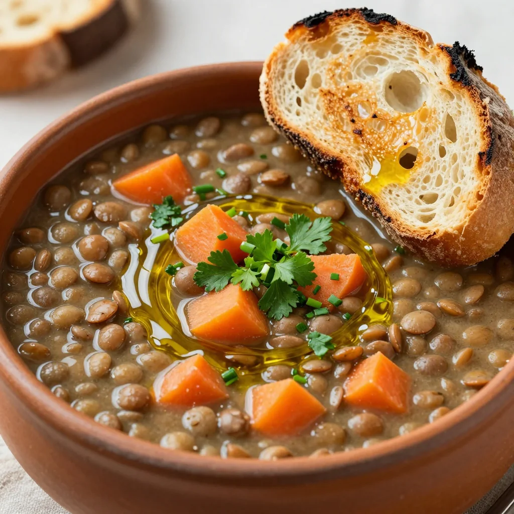 batch cooking hearty lentil and carrot soup with fresh herbs