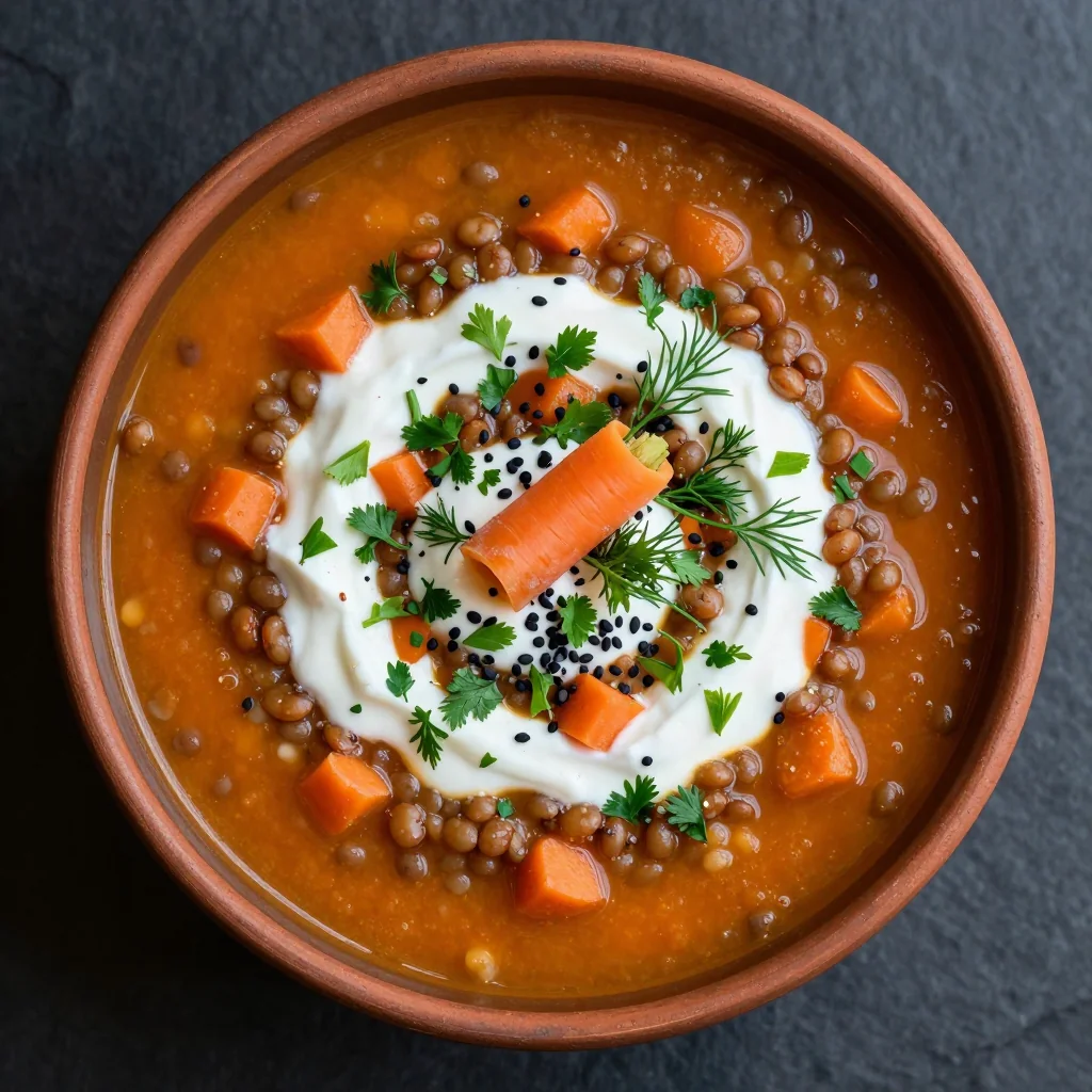 batch cooking hearty lentil and carrot soup with fresh herbs