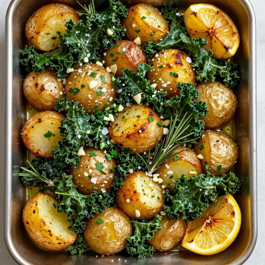 budget friendly garlic roasted potatoes and kale with fresh herbs
