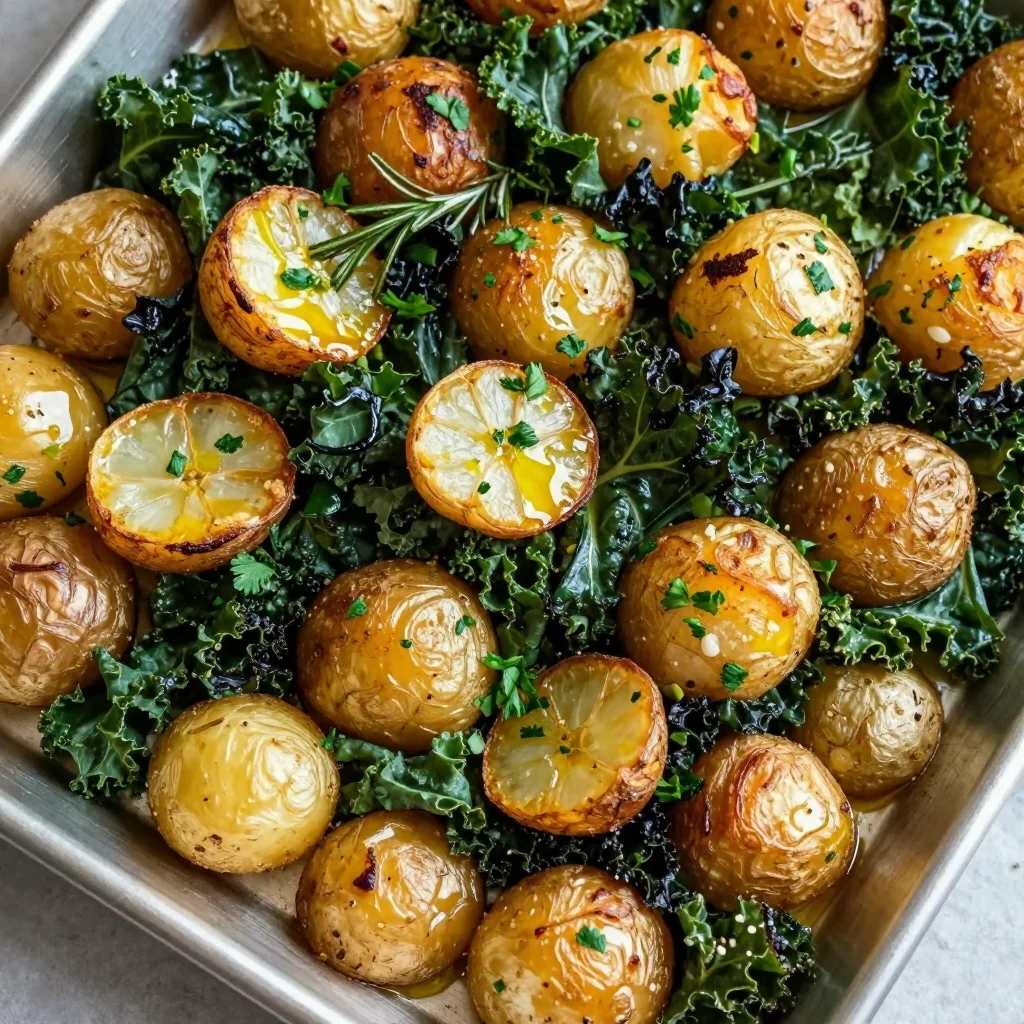 budget friendly garlic roasted potatoes and kale with fresh herbs