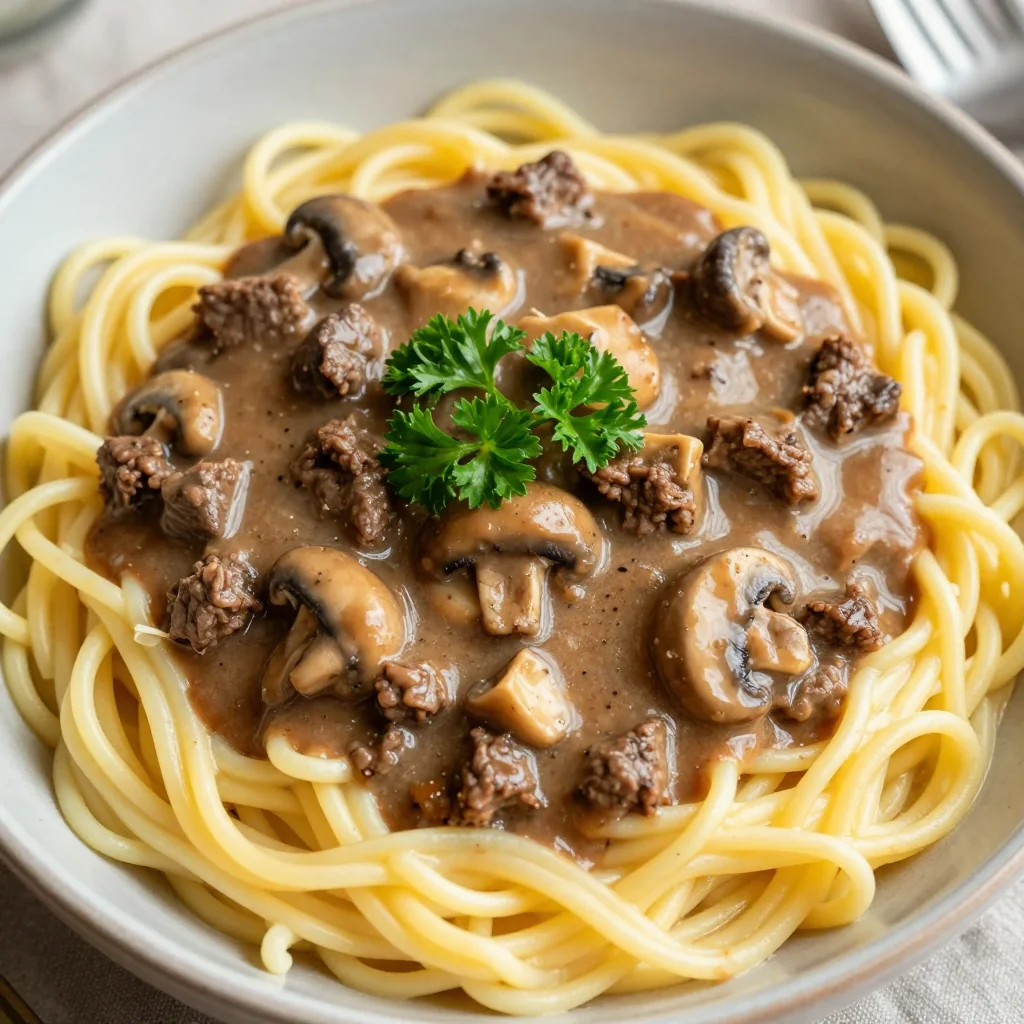 Budget Ground Beef Stroganoff over Buttered Egg Noodles