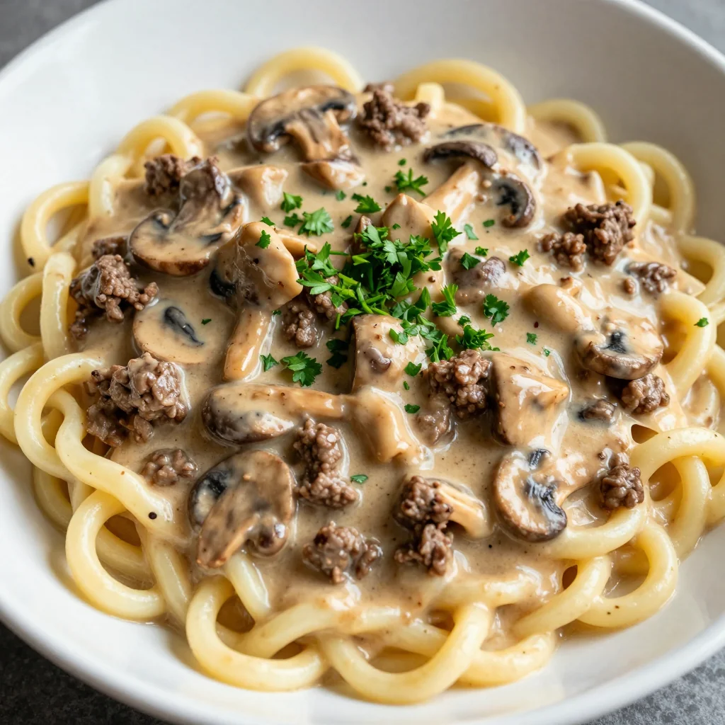 Budget Ground Beef Stroganoff over Buttered Egg Noodles