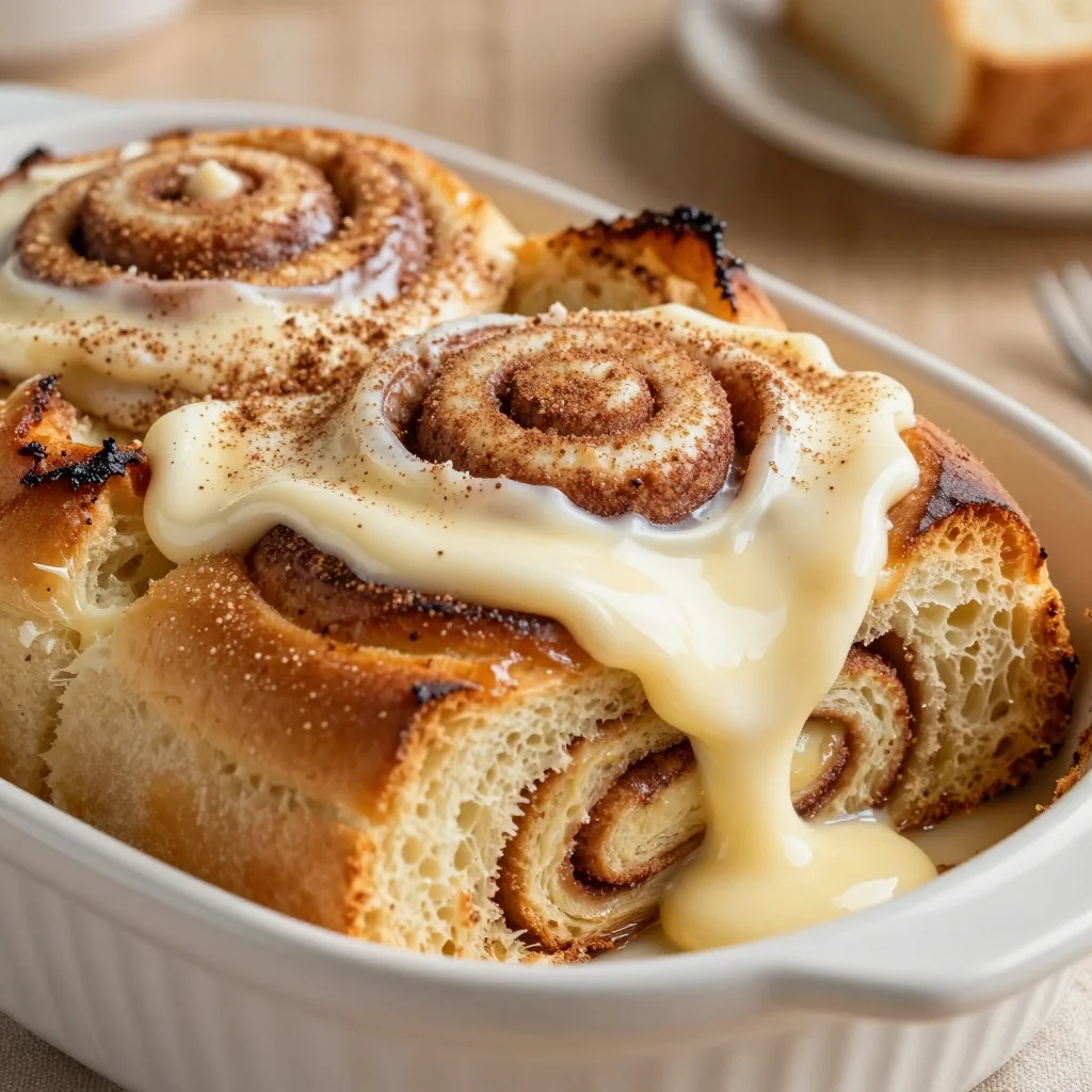 classic cinnamon roll casserole with cream cheese frosting for brunch