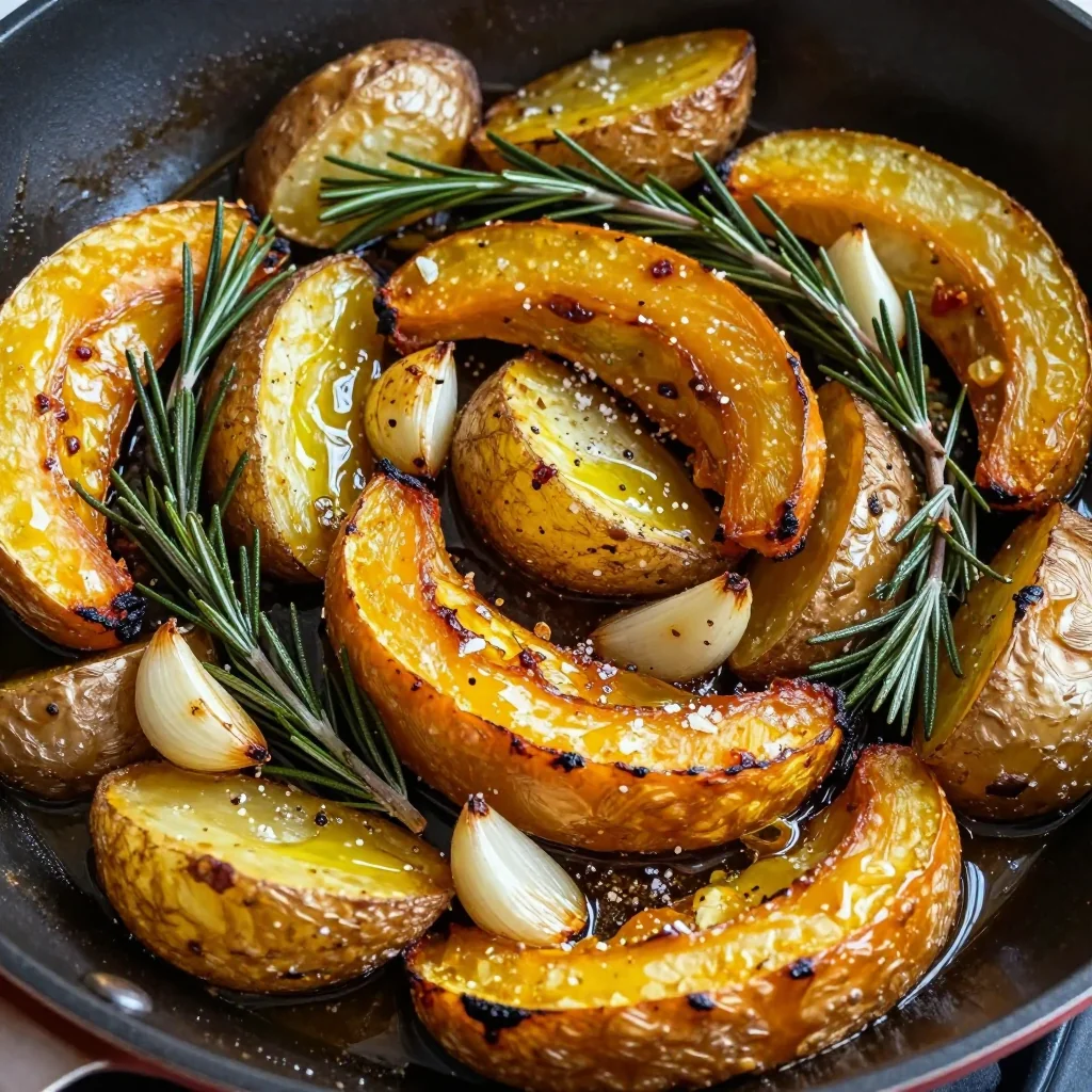 comforting garlic and rosemary roasted winter squash and potatoes
