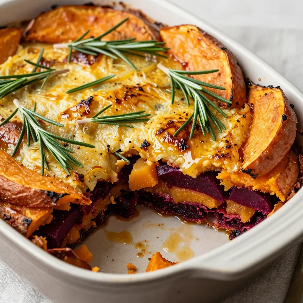 cozy baked sweet potato and beet casserole with rosemary for family meals