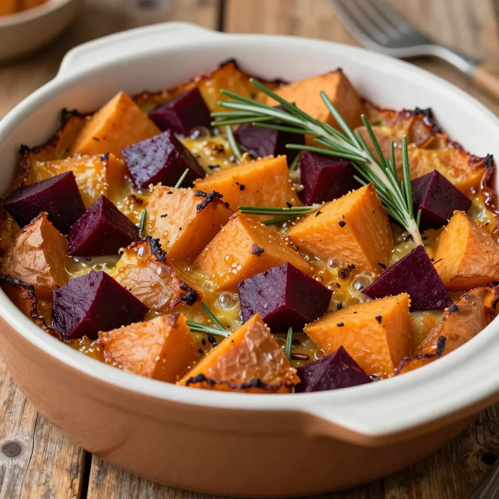 cozy baked sweet potato and beet casserole with rosemary for family meals