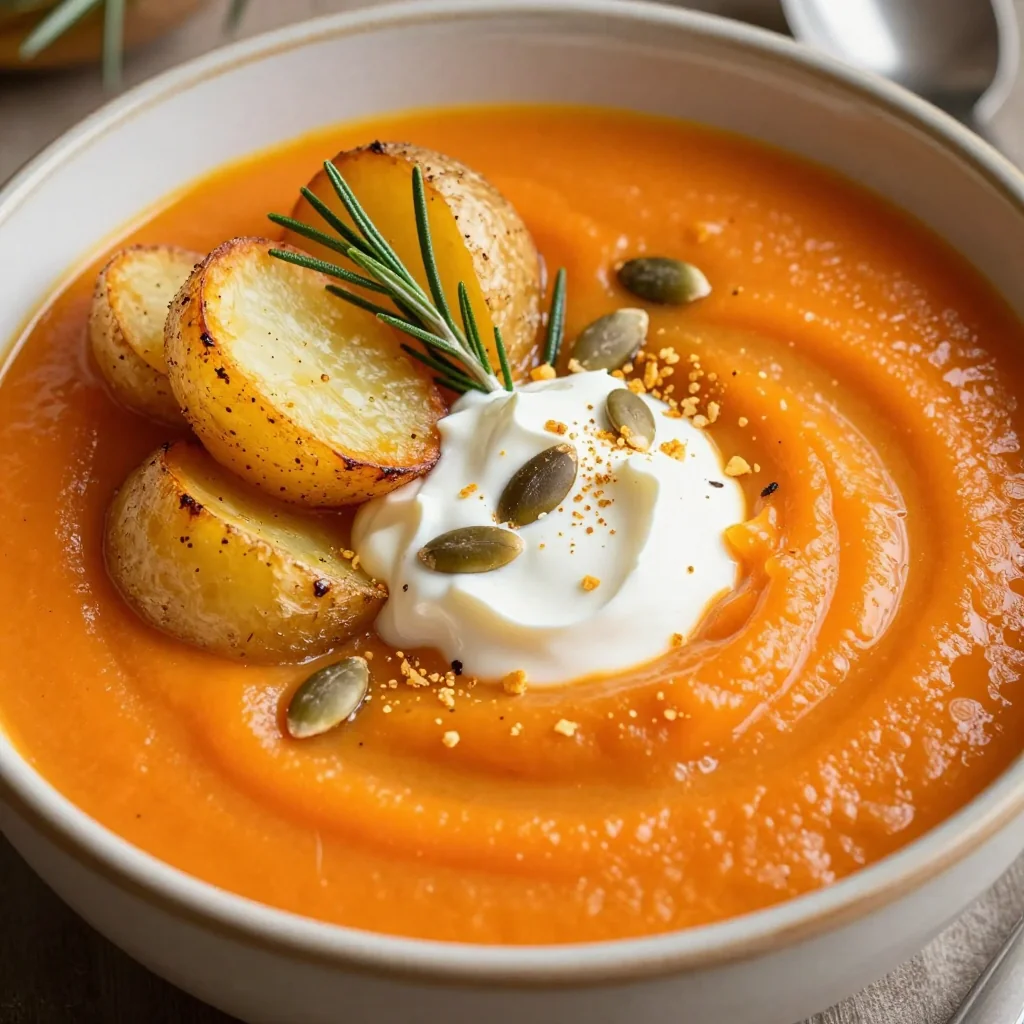 cozy carrot and ginger soup with roasted potatoes for cold days