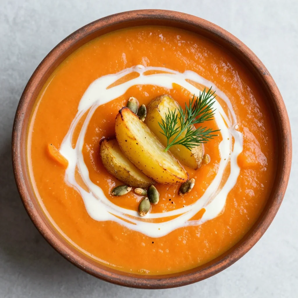cozy carrot and ginger soup with roasted potatoes for cold days