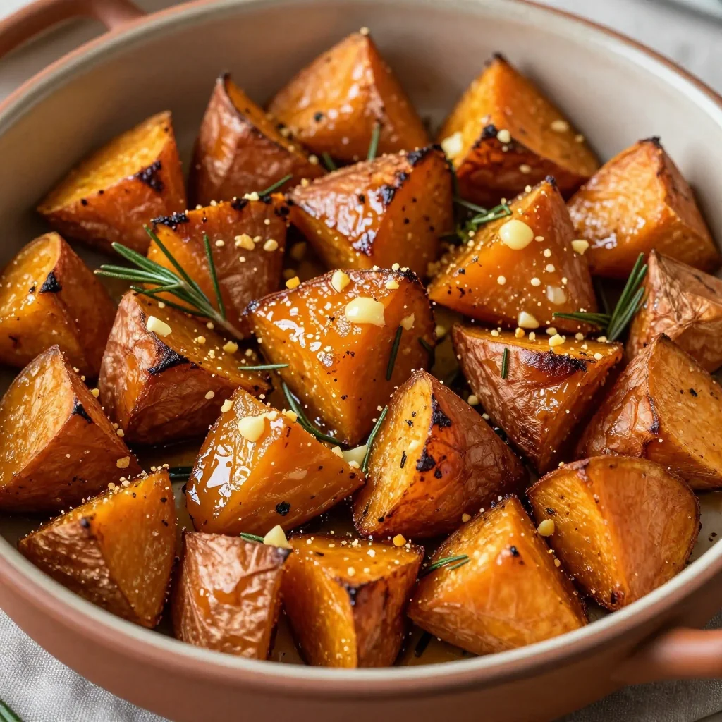 cozy garlic and herb roasted sweet potatoes for cold winter nights