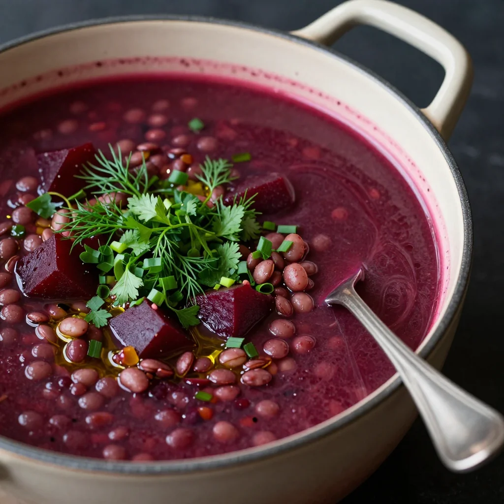 cozy one pot lentil and beet soup with fresh herbs for winter nights