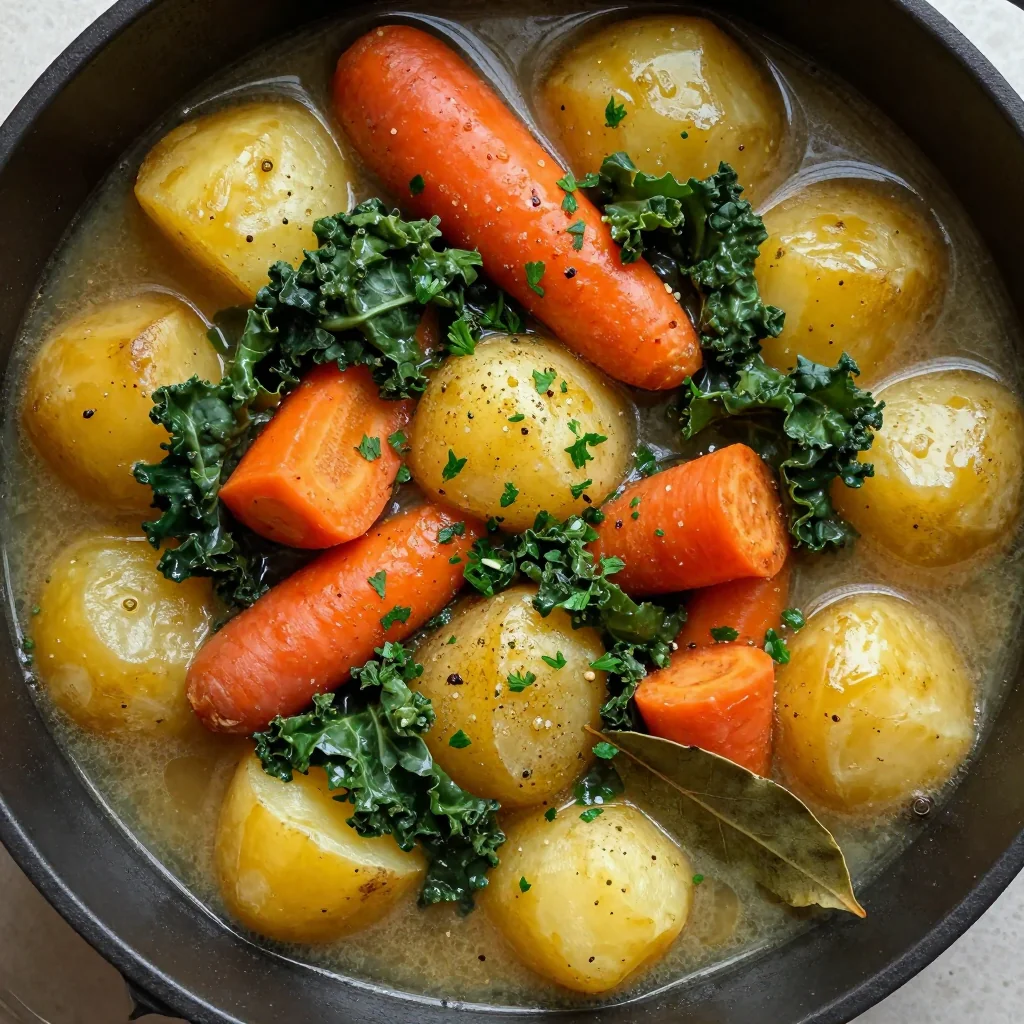 A rustic bowl of vegetable and potato stew on a linen napkin, steam rising, with a crusty roll tucked alongside.