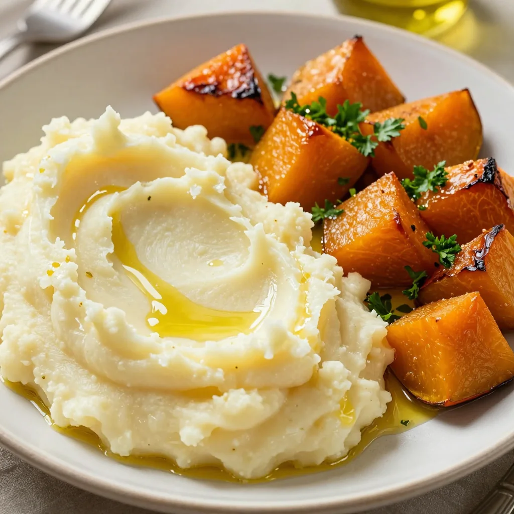creamy garlic mashed potatoes with roasted winter squash for comfort