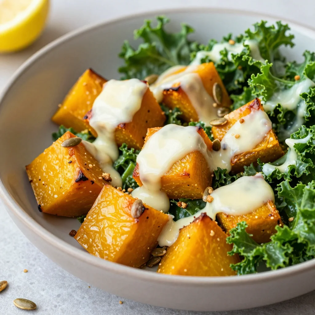creamy lemon roasted winter squash and kale salad for detox