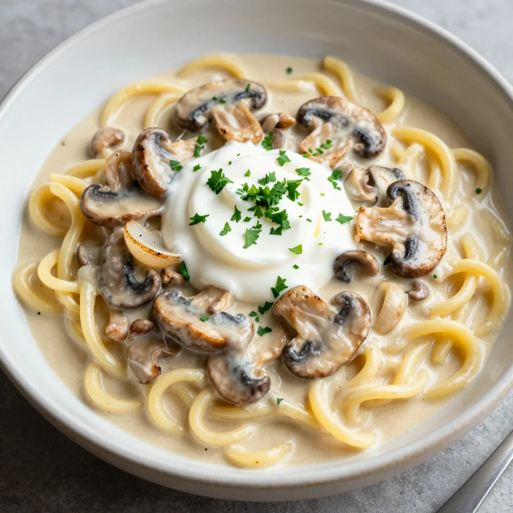 Creamy Mushroom Stroganoff with Sour Cream and Parsley