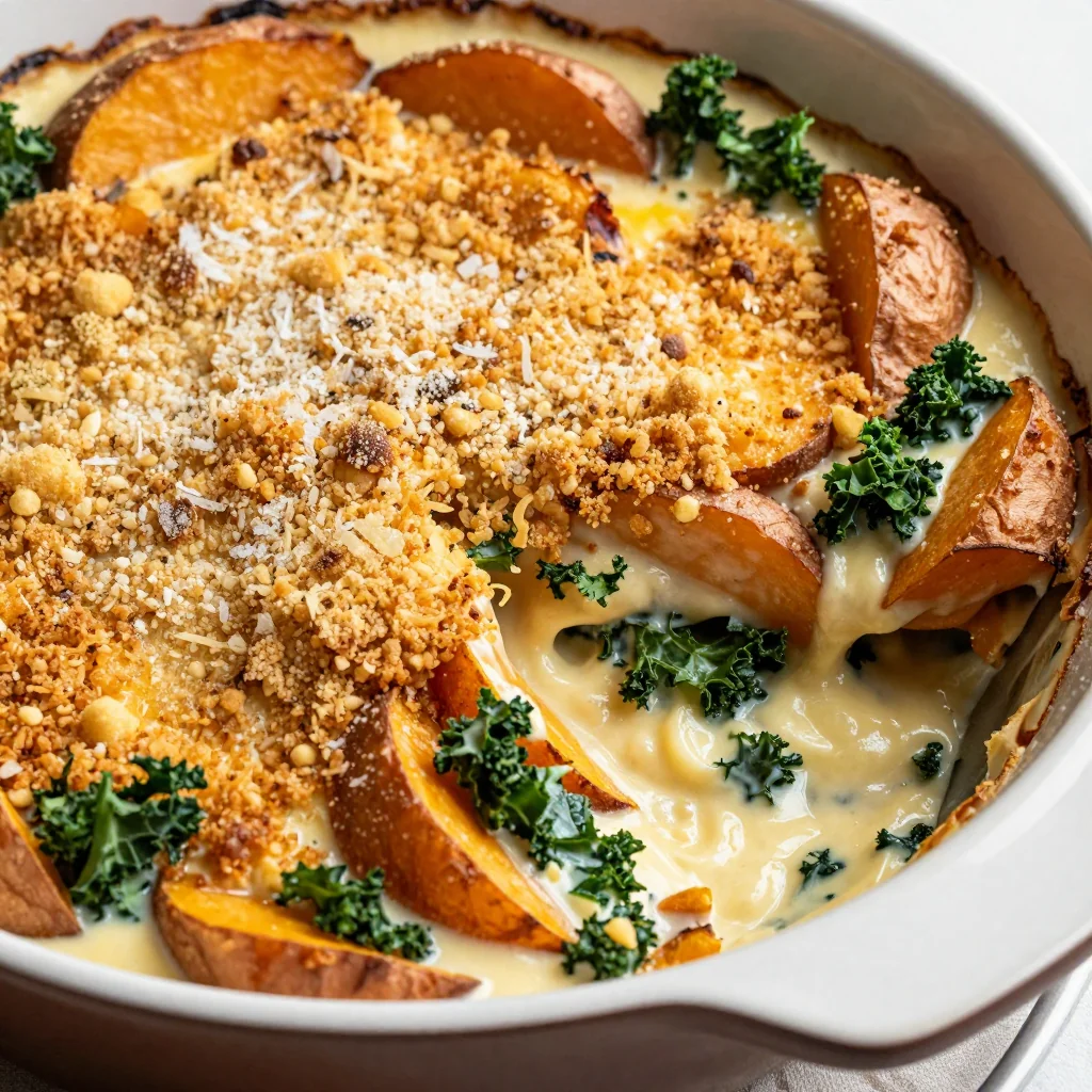 creamy sweet potato and kale casserole for cozy family meals