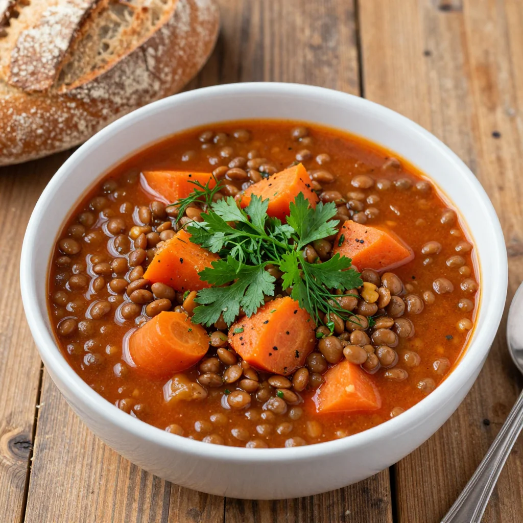 easy batchcooked lentil and carrot stew with fresh herbs