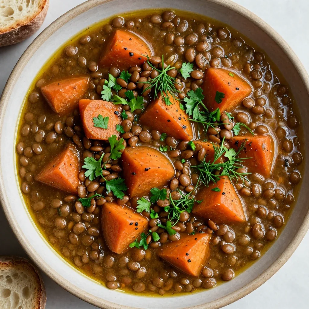 easy batchcooked lentil and carrot stew with fresh herbs
