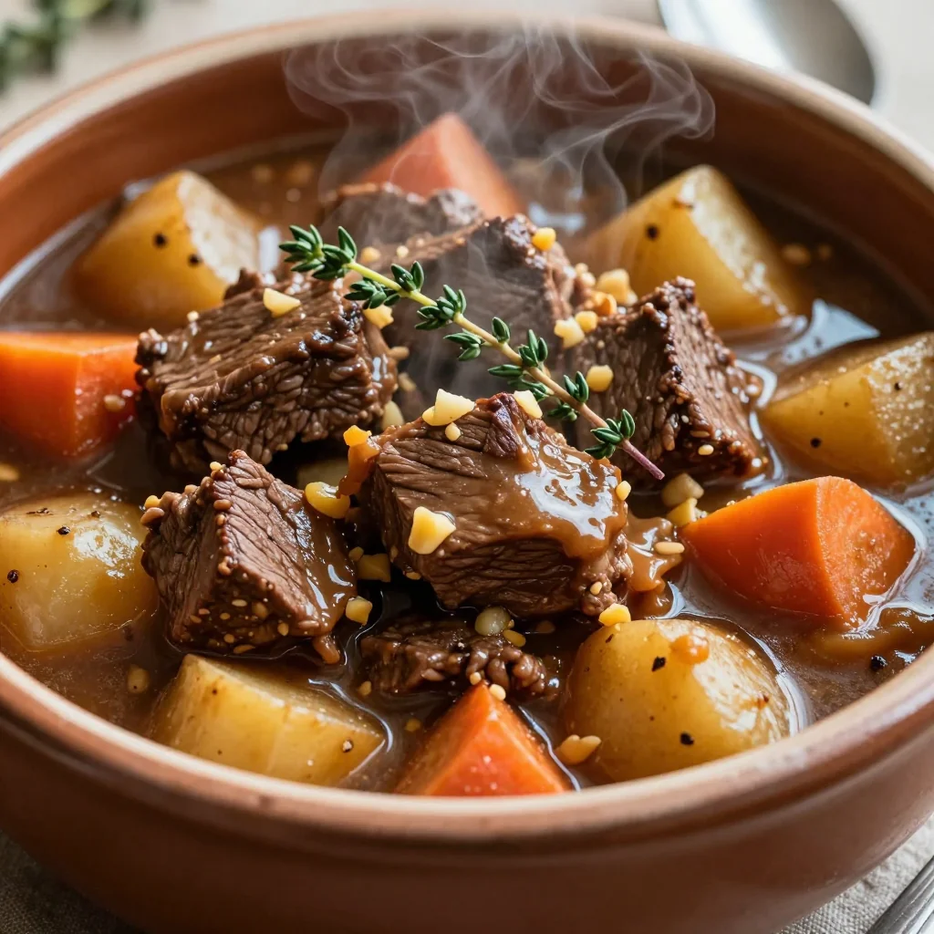 easy meal prep beef stew with root vegetables and fresh garlic