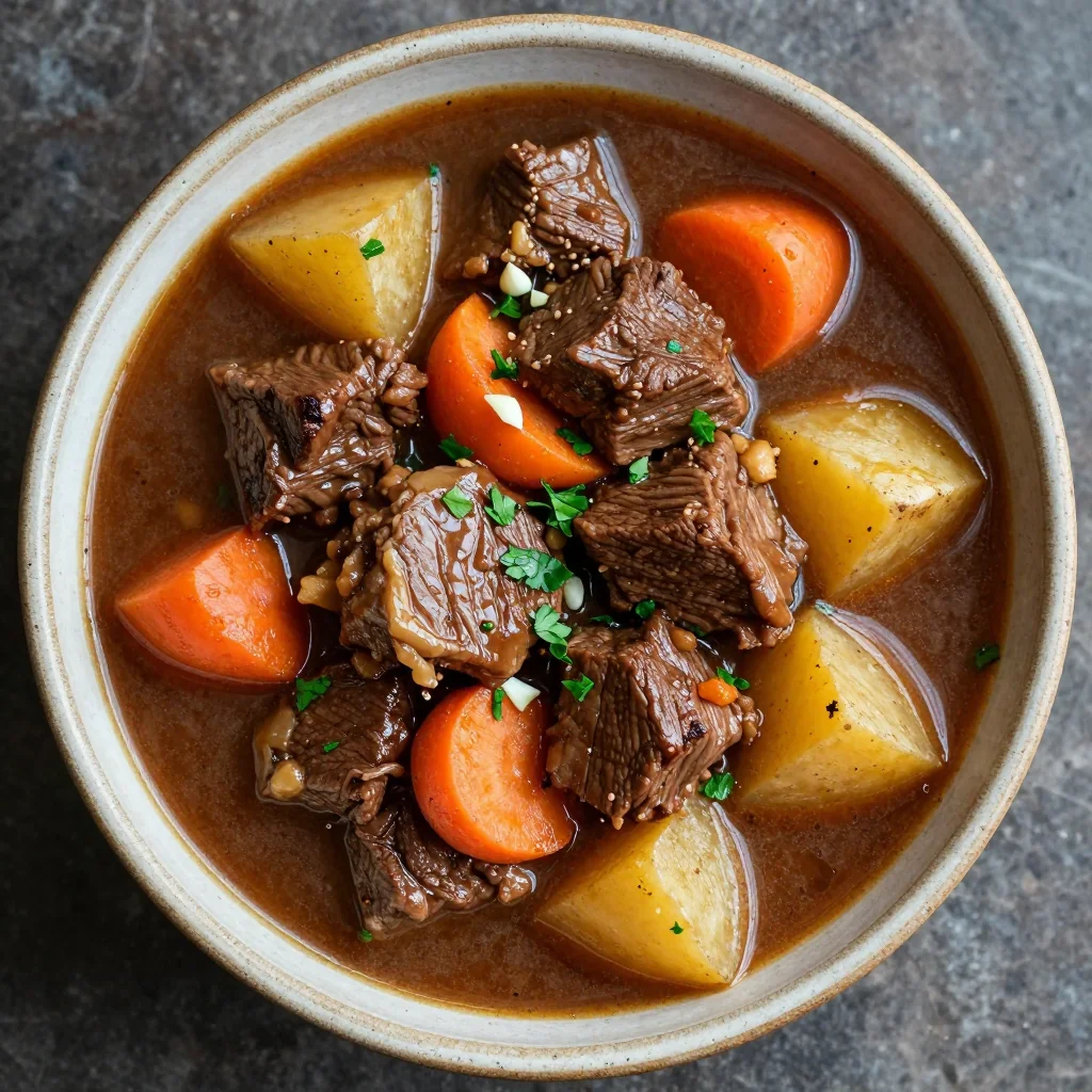 easy meal prep beef stew with root vegetables and fresh garlic