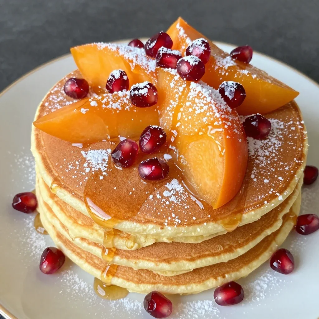 fluffy pancakes with persimmon and pomegranate toppings for holiday breakfast