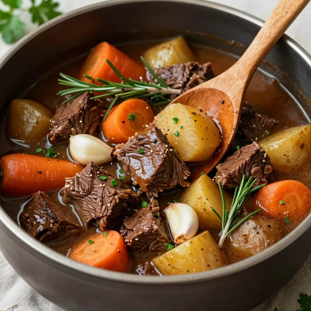 garlic and rosemary beef stew with mixed winter vegetables for family suppers