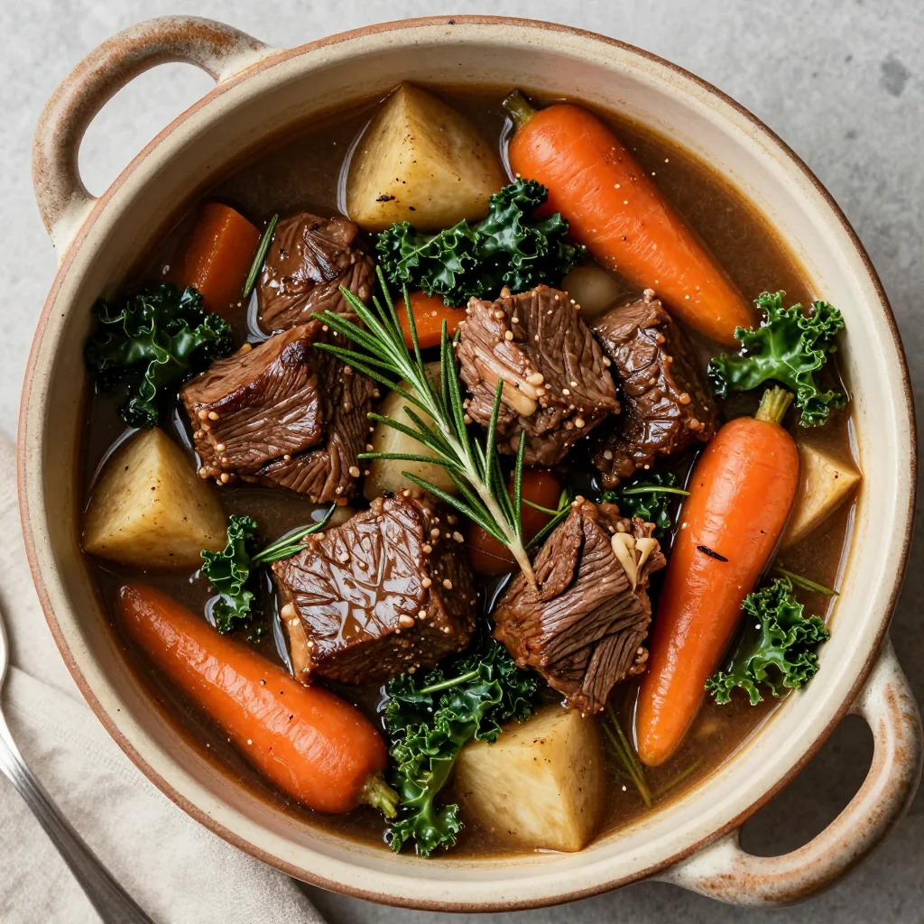 garlic and rosemary beef stew with mixed winter vegetables for family suppers