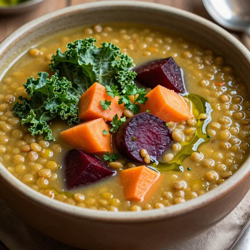 healthy batch cooking soup with kale lentils and root vegetables