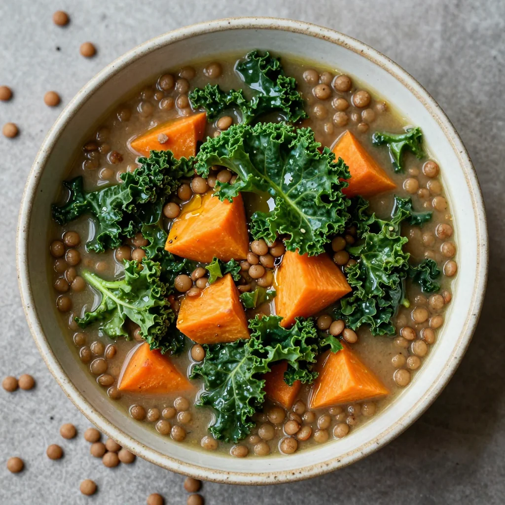 healthy batch cooking soup with kale lentils and root vegetables