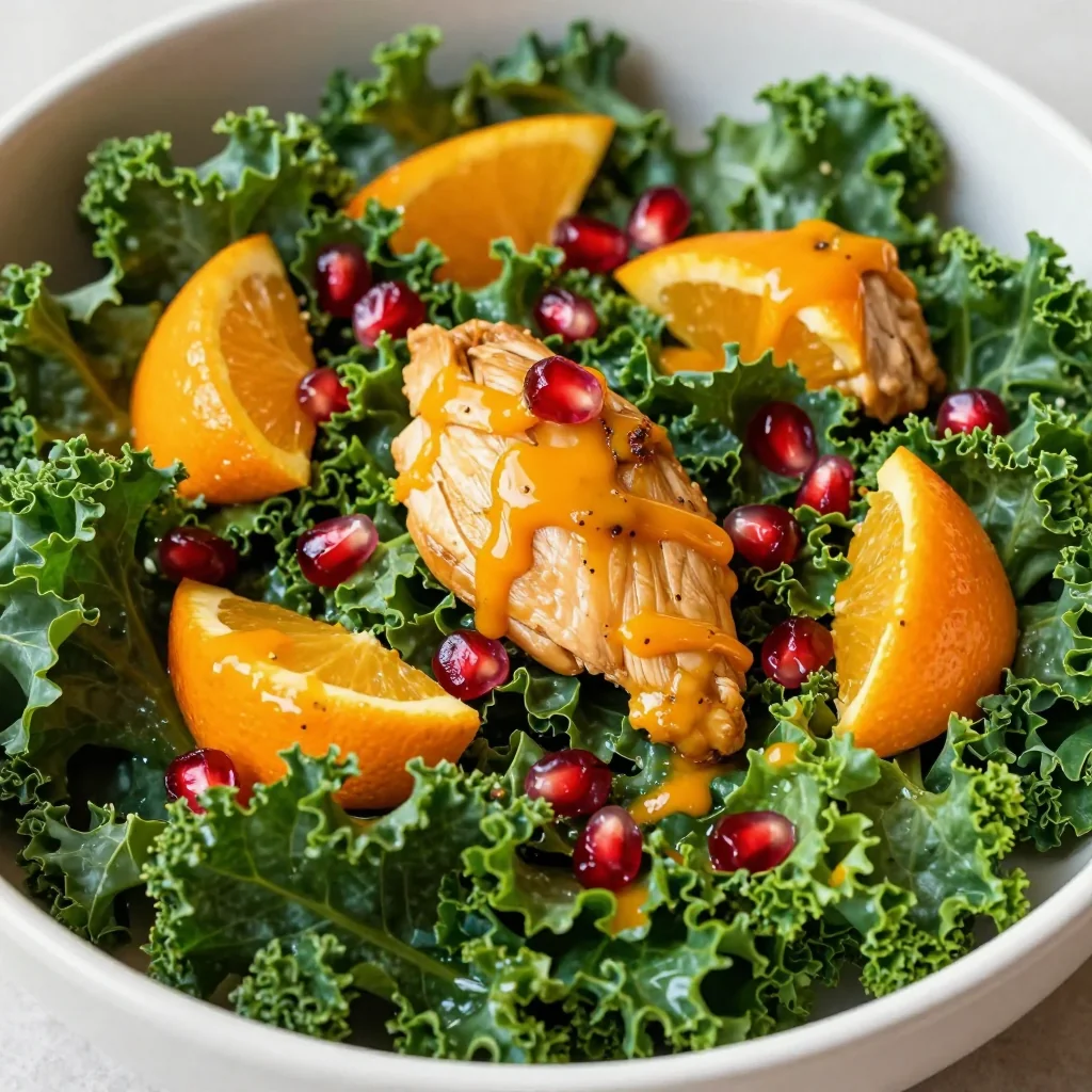healthy citrus chicken and kale salad with orange vinaigrette for winter