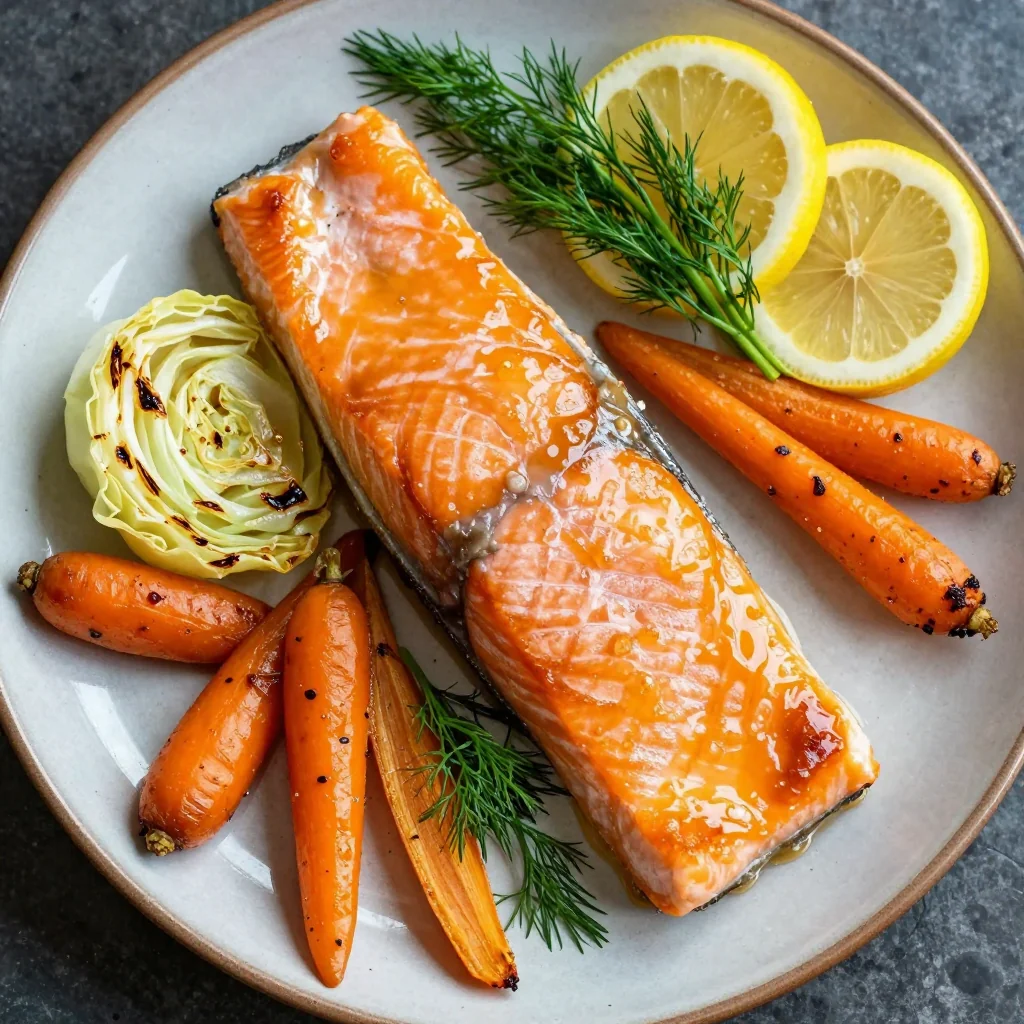 healthy citrus glazed salmon with roasted cabbage and carrots