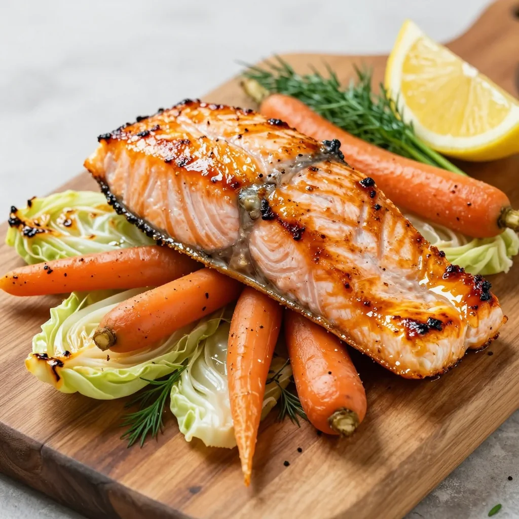 healthy citrus glazed salmon with roasted cabbage and carrots