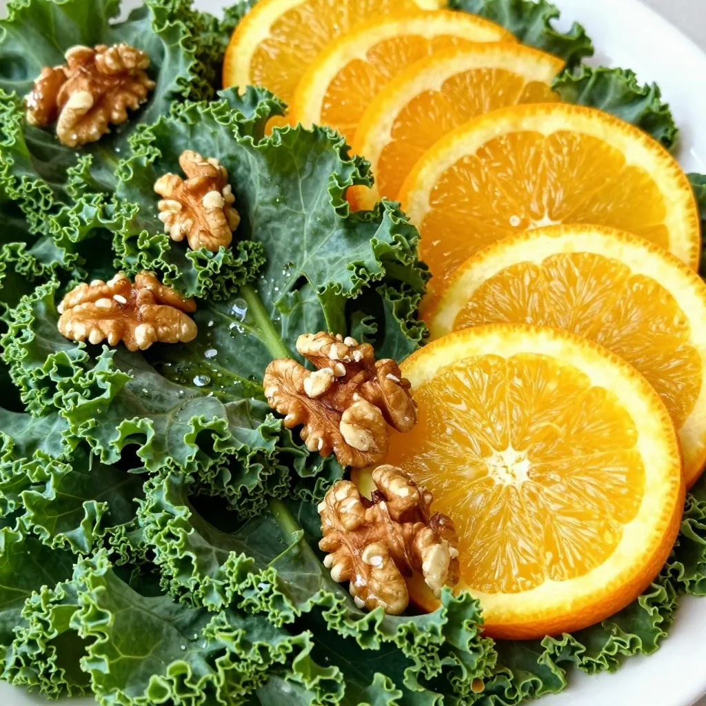 healthy citrus kale salad with oranges and toasted walnuts for january