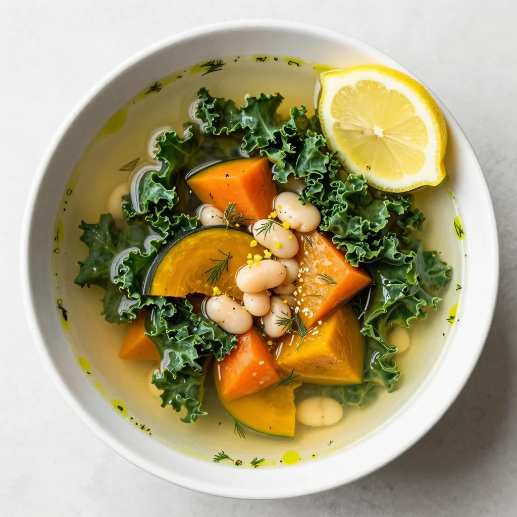 healthy lemon and kale soup with winter vegetables for clean eating